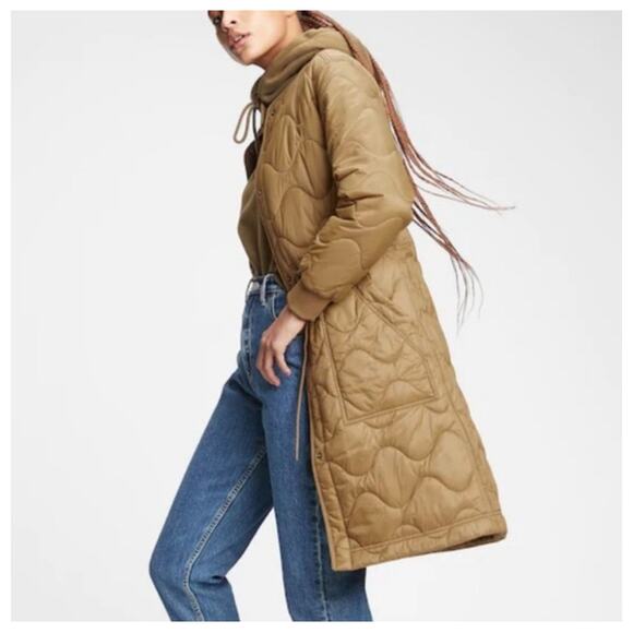 Gap Upcycled Water-Resistant Quilted Midi Jacket in Green, S Petite - Picture 1 of 8